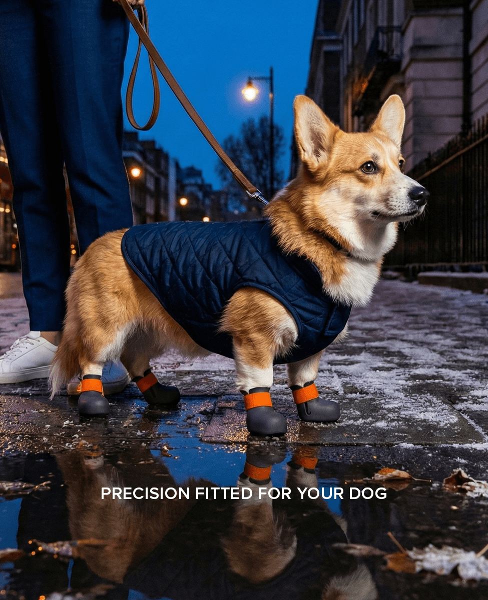 Corgi wearing BARK and SOLE custom dog shoes