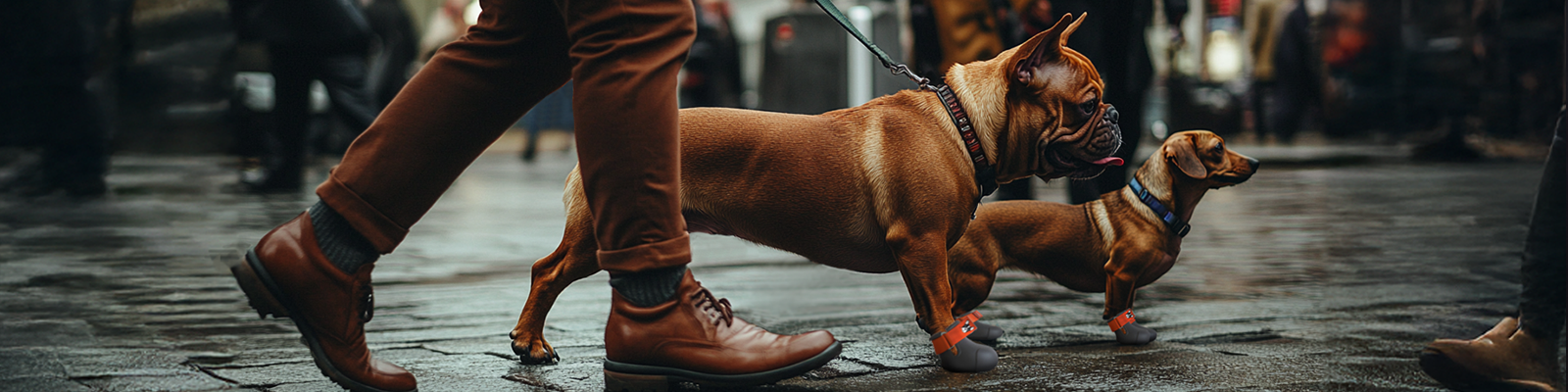 Dachshund and French bulldog wearing custom made dog shoes on a leash being walked by a person on a city street