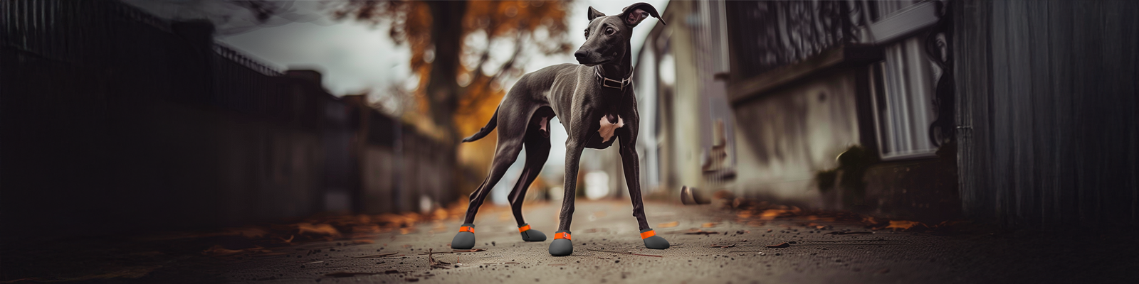 Custom made whippet dog shoes on a whippet in a alley