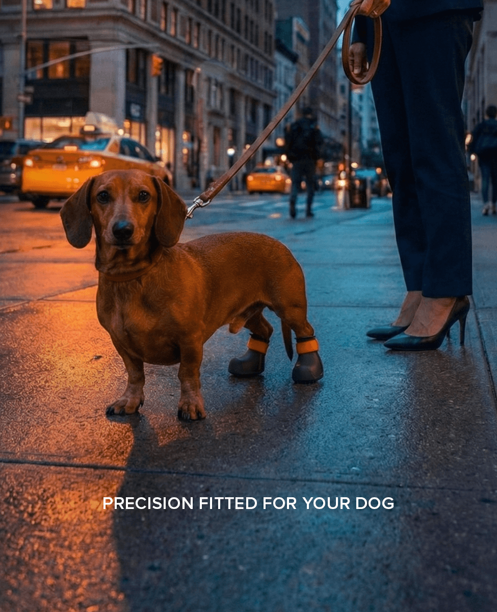 Dachshund wearing BARK and SOLE custom medical arthritis dog shoe