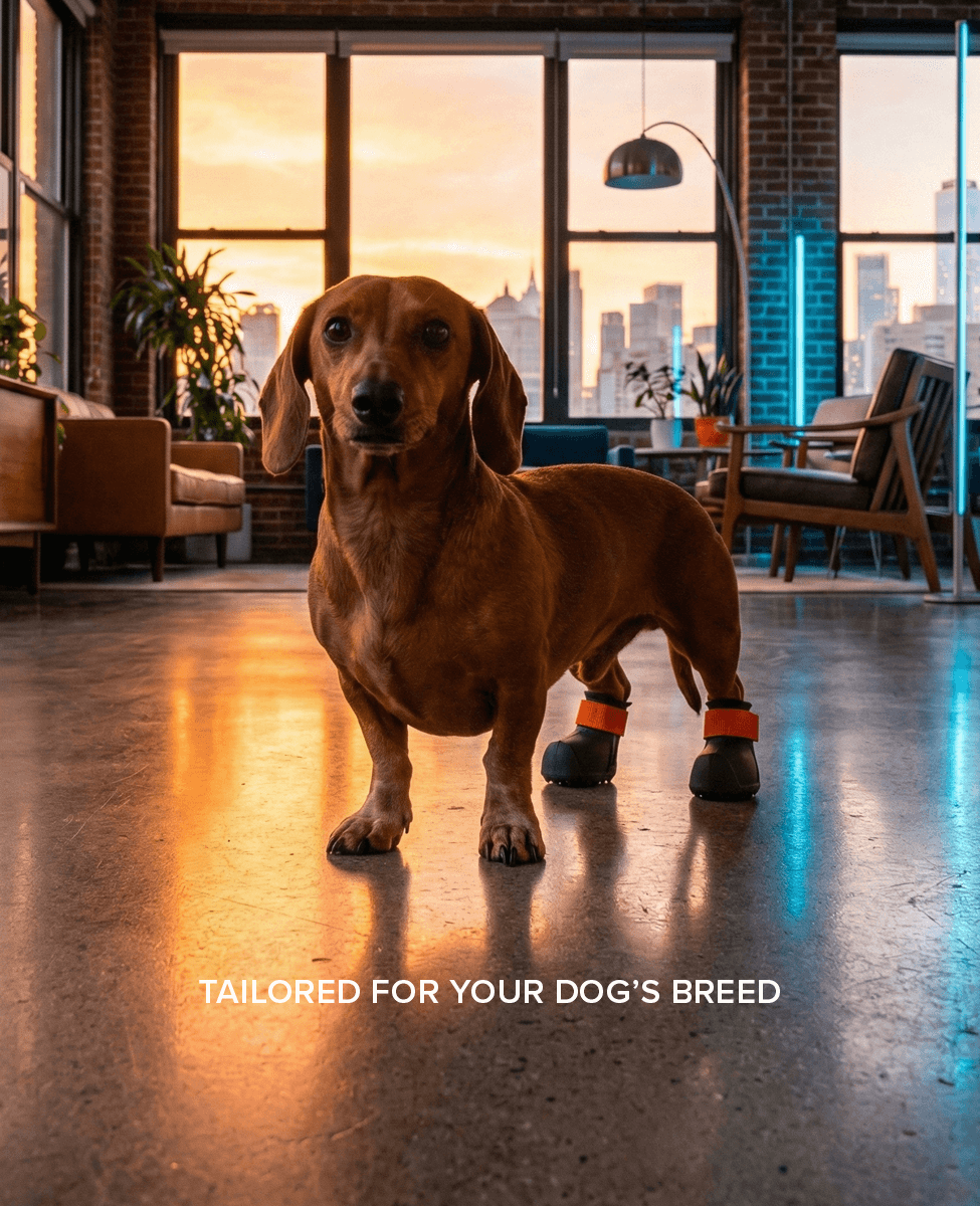 Dachshund wearing BARK and SOLE custom medical arthritis dog shoe