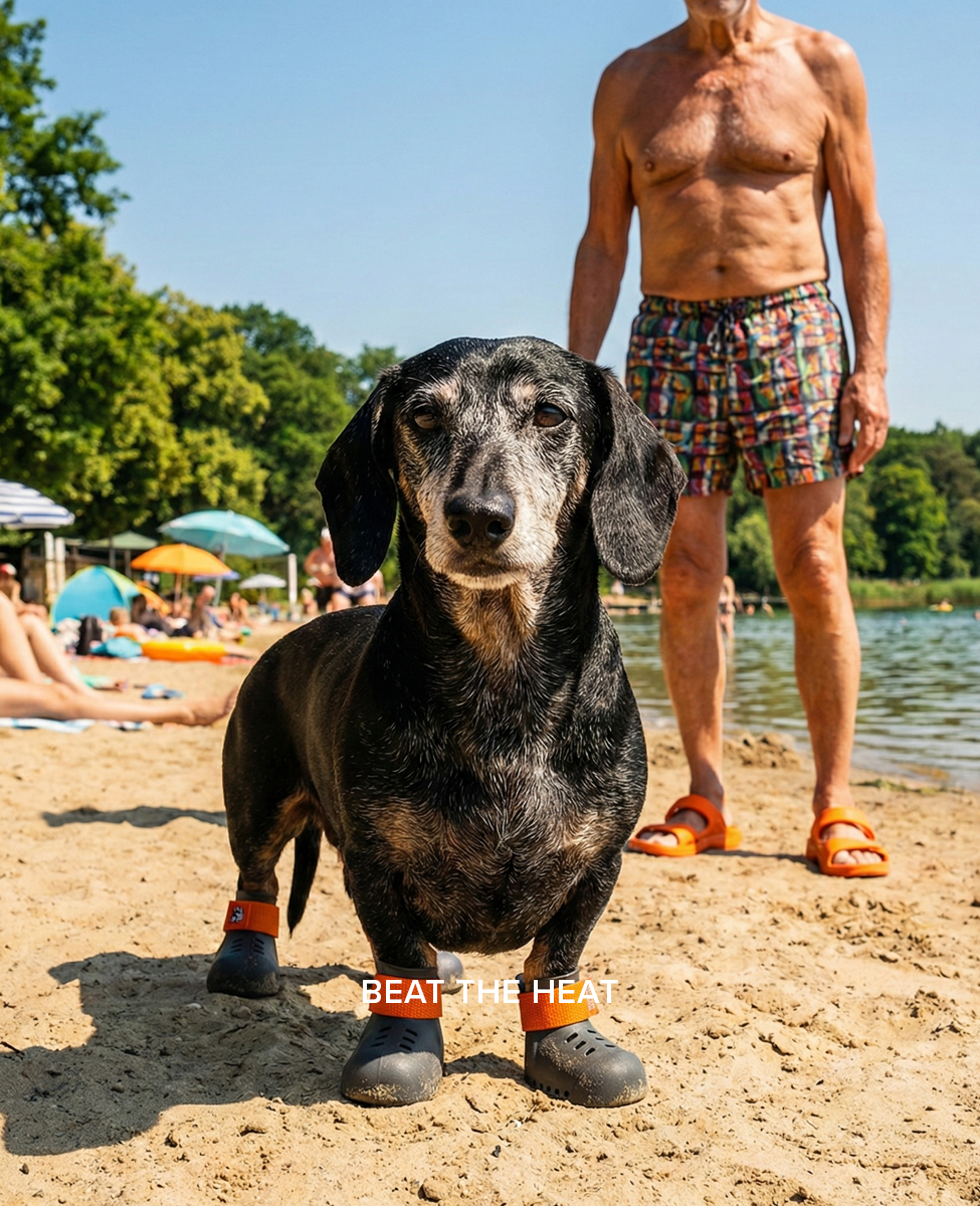 Dachshund wearing custom summer dog shoes on the beach