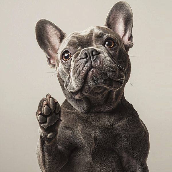 French Bulldog sitting on a light gray background waiting for a custom made dog shoe