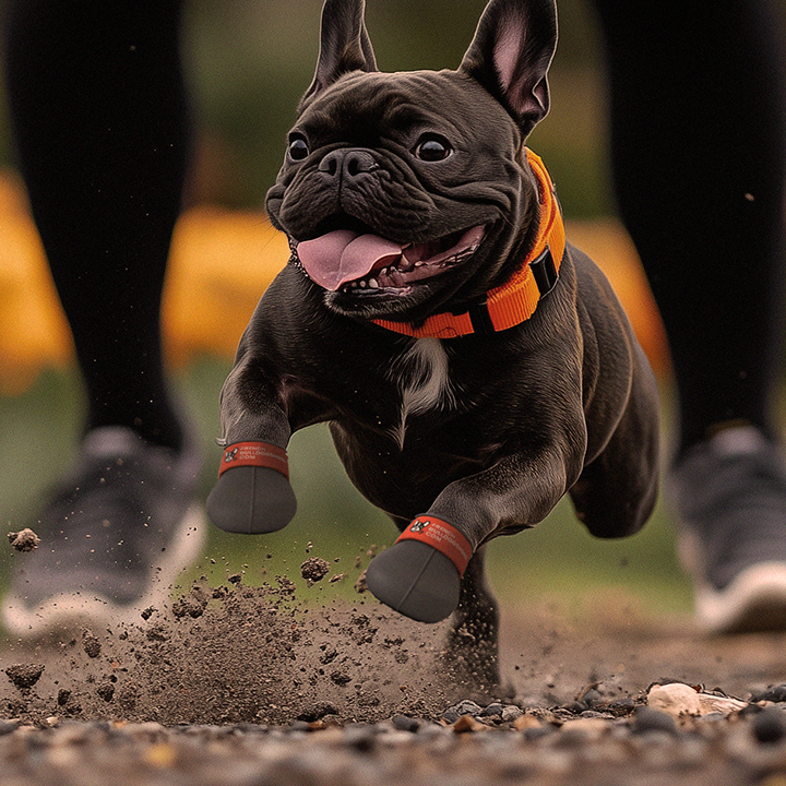 French bulldog running with custom made dog shoes