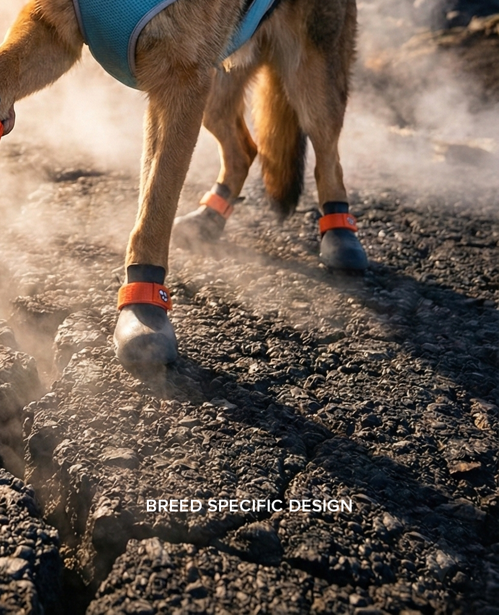 Custom German Shepherd dog shoes on a hot ground