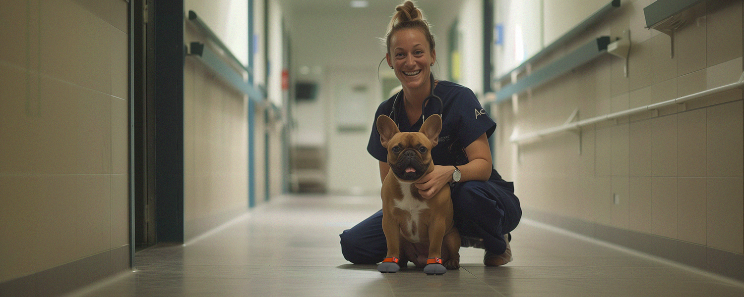 French bulldog at the vet testing custom made vet approved dog shoes.
