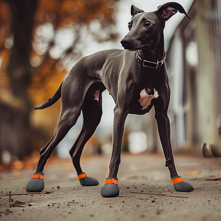 Whippet wearing breed specific custom made dog shoes on a gravel street