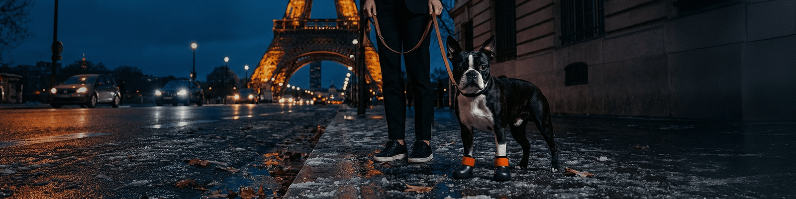 Bostom Terrier wearing BARK and SOLE custom dog shoes