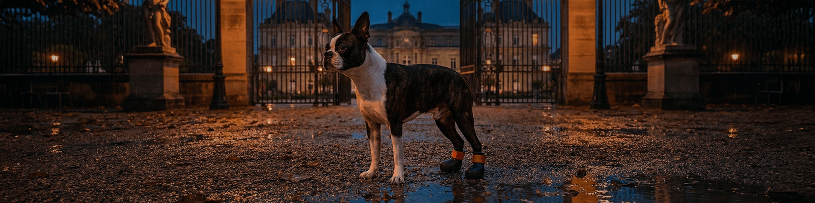 Boston terrier wearing custom bark and sole dog shoes
