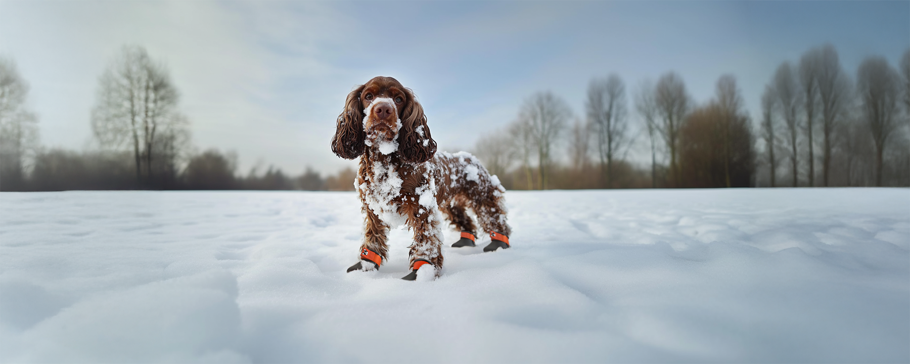 A cocker spaniel wearing custom made dog shoes, knuckling dog shoes