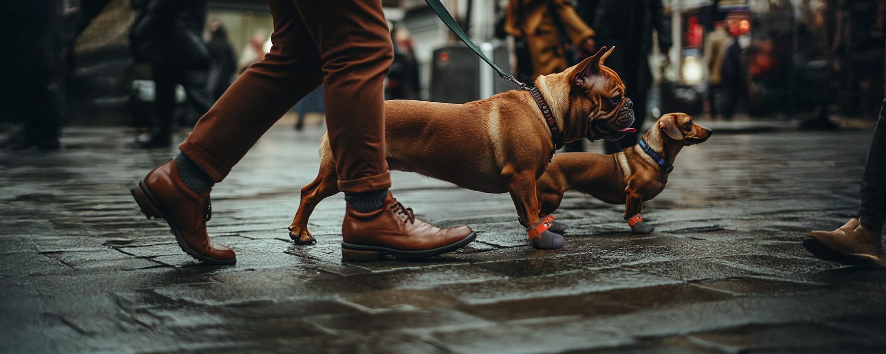 French bulldog and Dachshund wearing custom made dog shoes, knuckling dog shoes