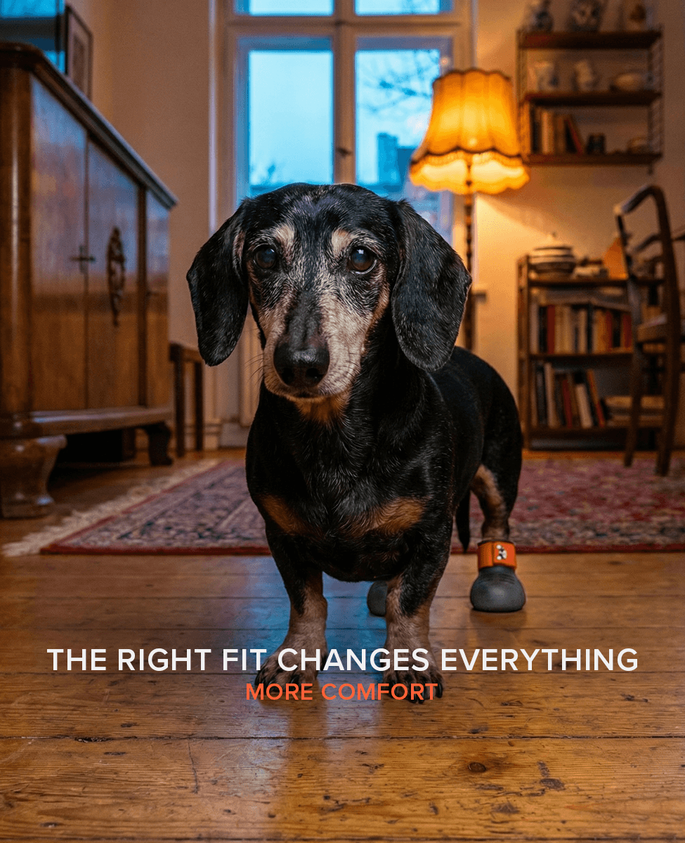 Dachshund wearing custom dog shoes and standing on a wooden floor with text 'The Right Fit Changes Everything' and 'More Comfort'.