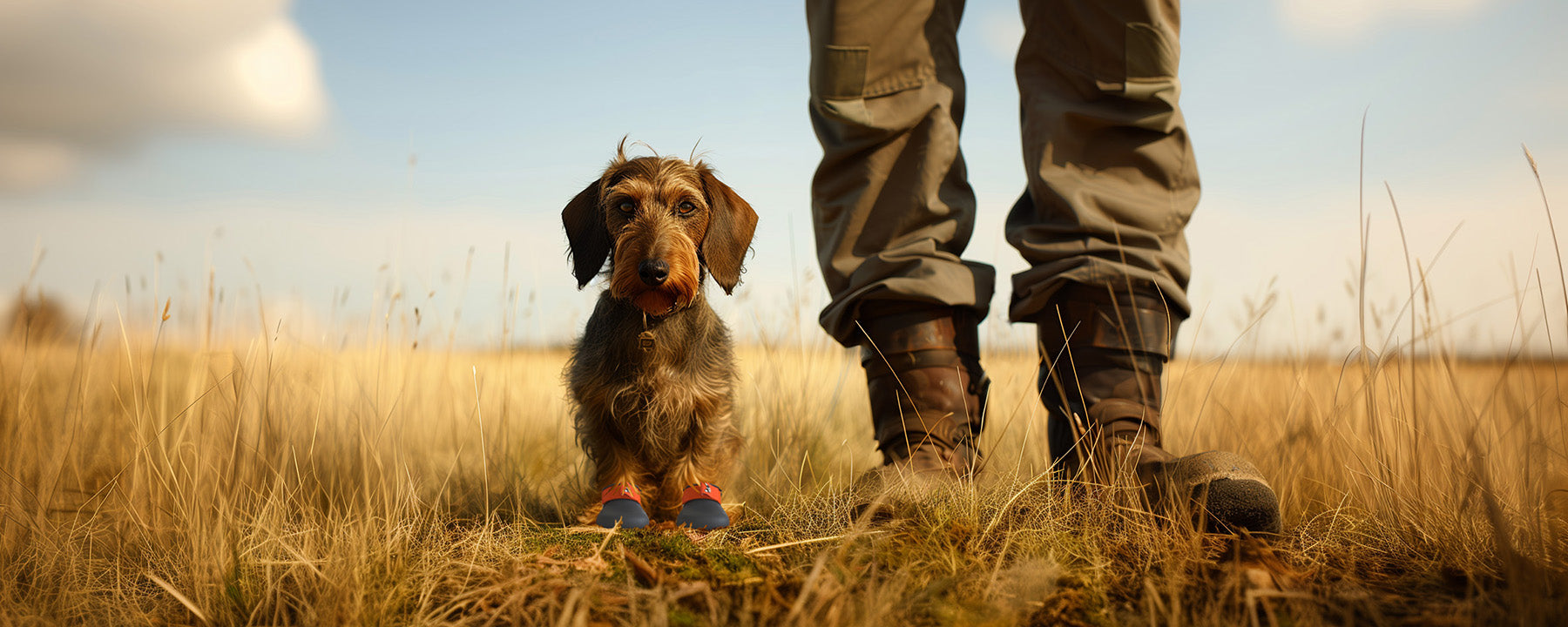 A Dachshund wearing custom made dog shoes, knuckling dog shoes