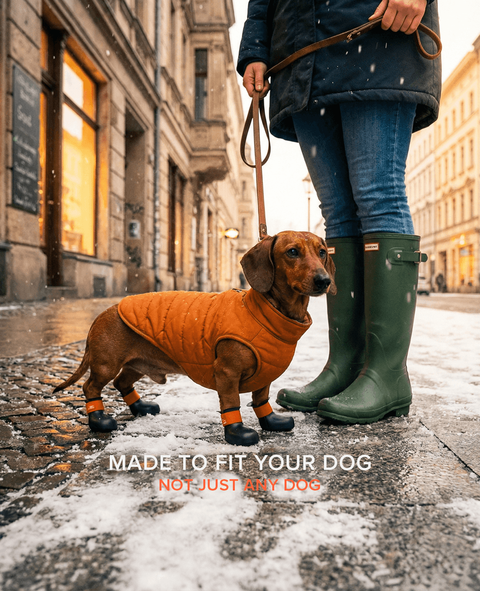 Dachshund wearing custom dog shoes and standing on a street