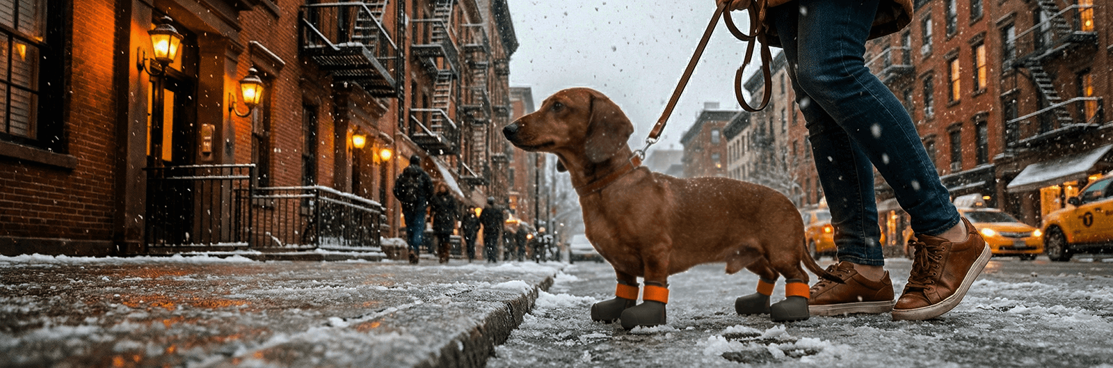 Person walking a dachshund with a custom dog shoes on a snowy city street with buildings and a taxi in the background.