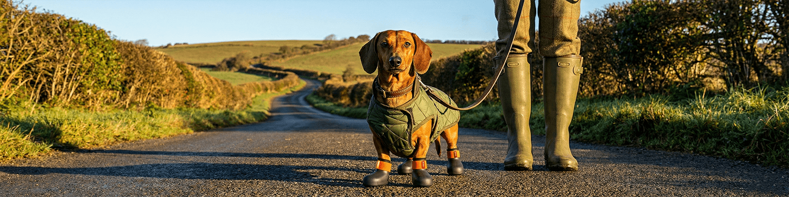 Dachshund wearing Bark & Sole custom dog shoes on a country road 
