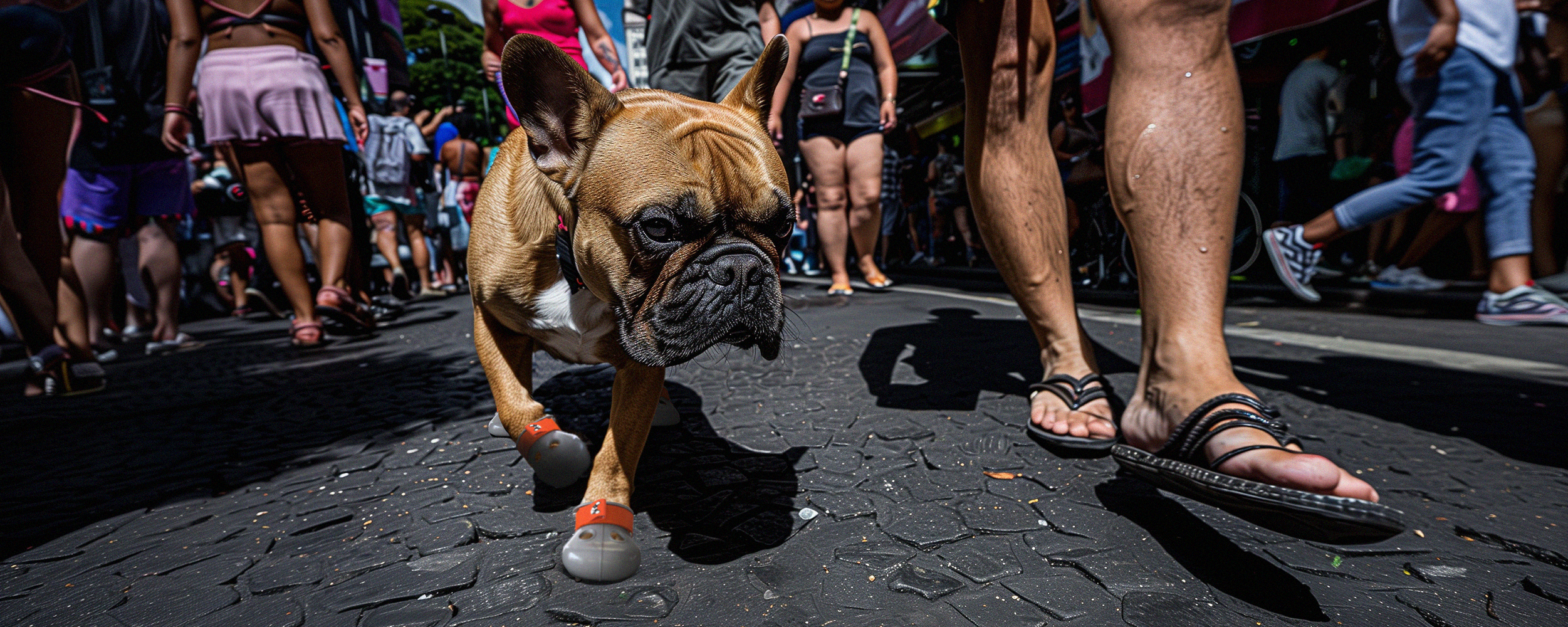 A french bulldog wearing a custom made dog shoes to protect paws from heat from asphalt