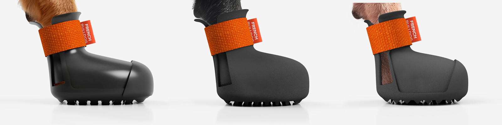 Three French bulldog shoes with orange straps on a white background
