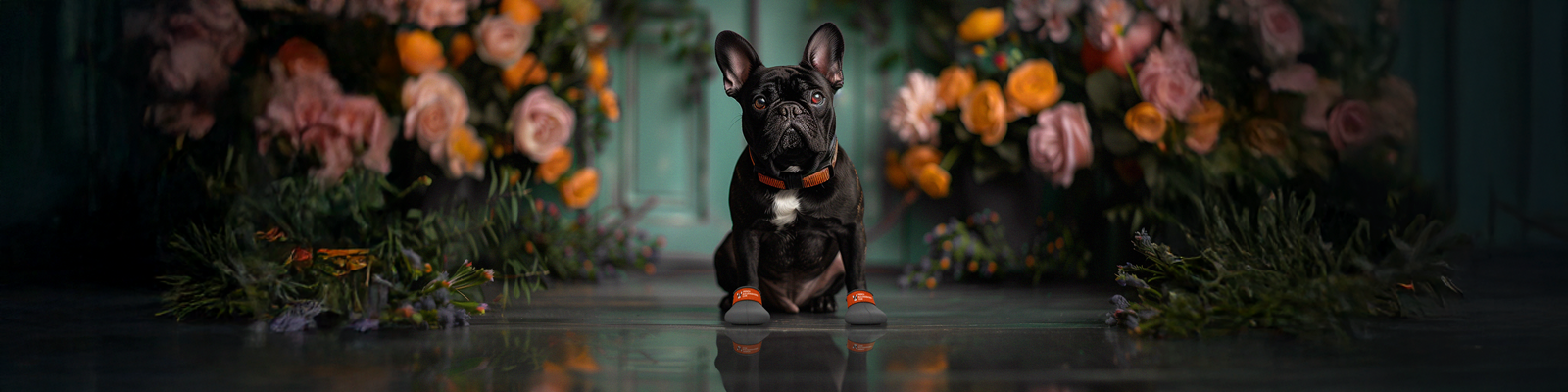 French bulldog Moe wearing custom made dog shoes