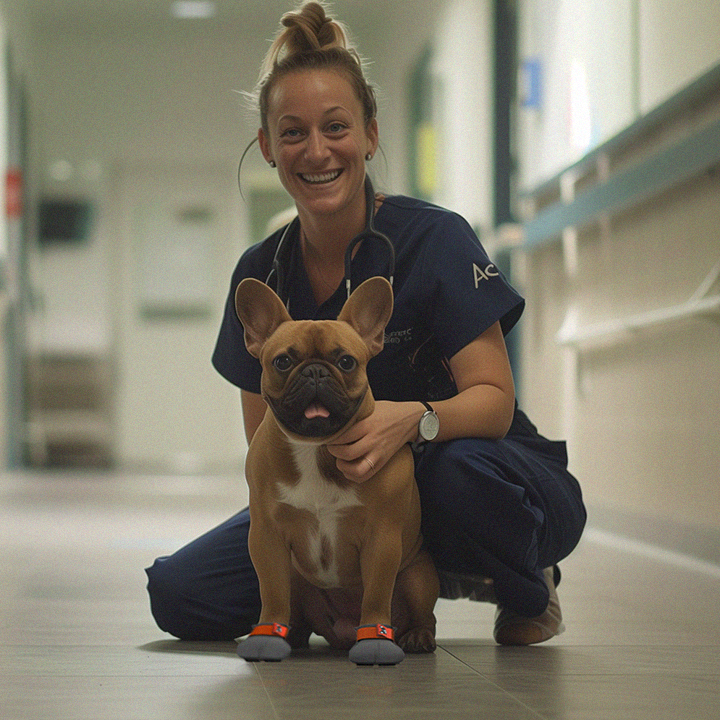 French bulldog with vet approved dog shoes