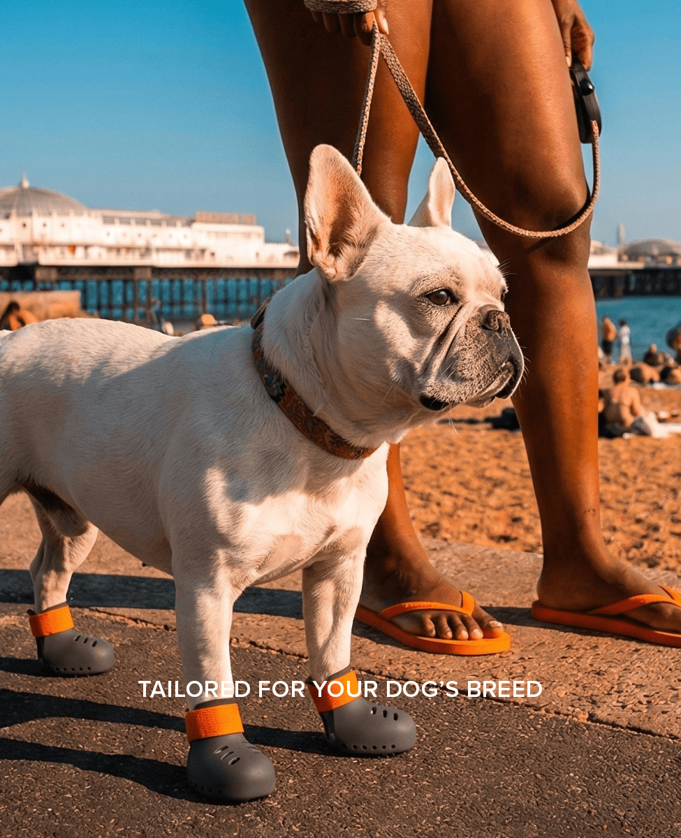 French bulldog and BARK and SOLE custom summer dog shoes