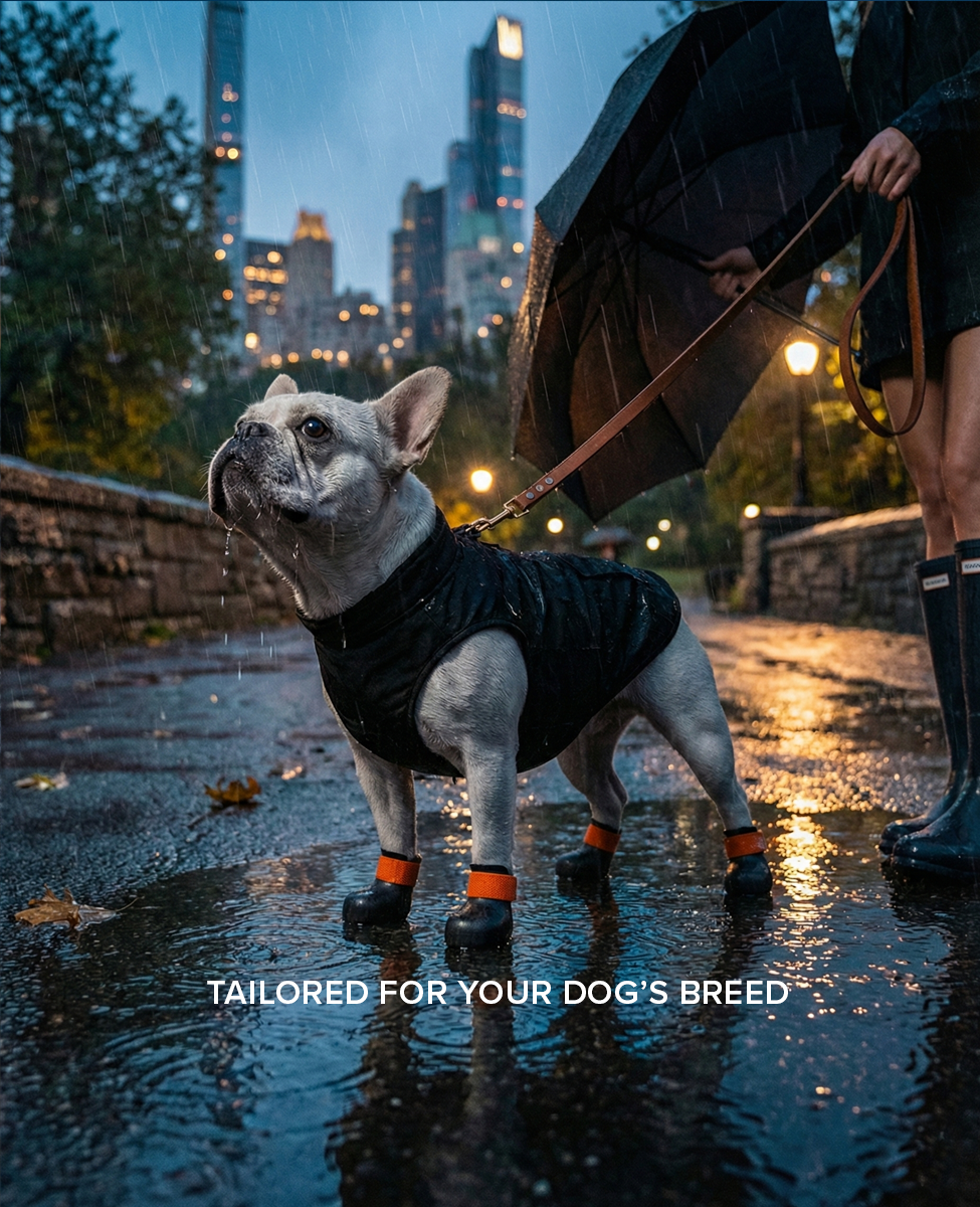 French bulldog wearing custom winter dog shoes in rain