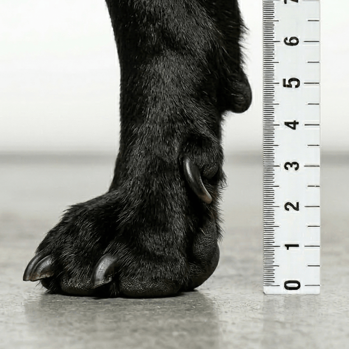 French bulldogs paw beside measurement tape