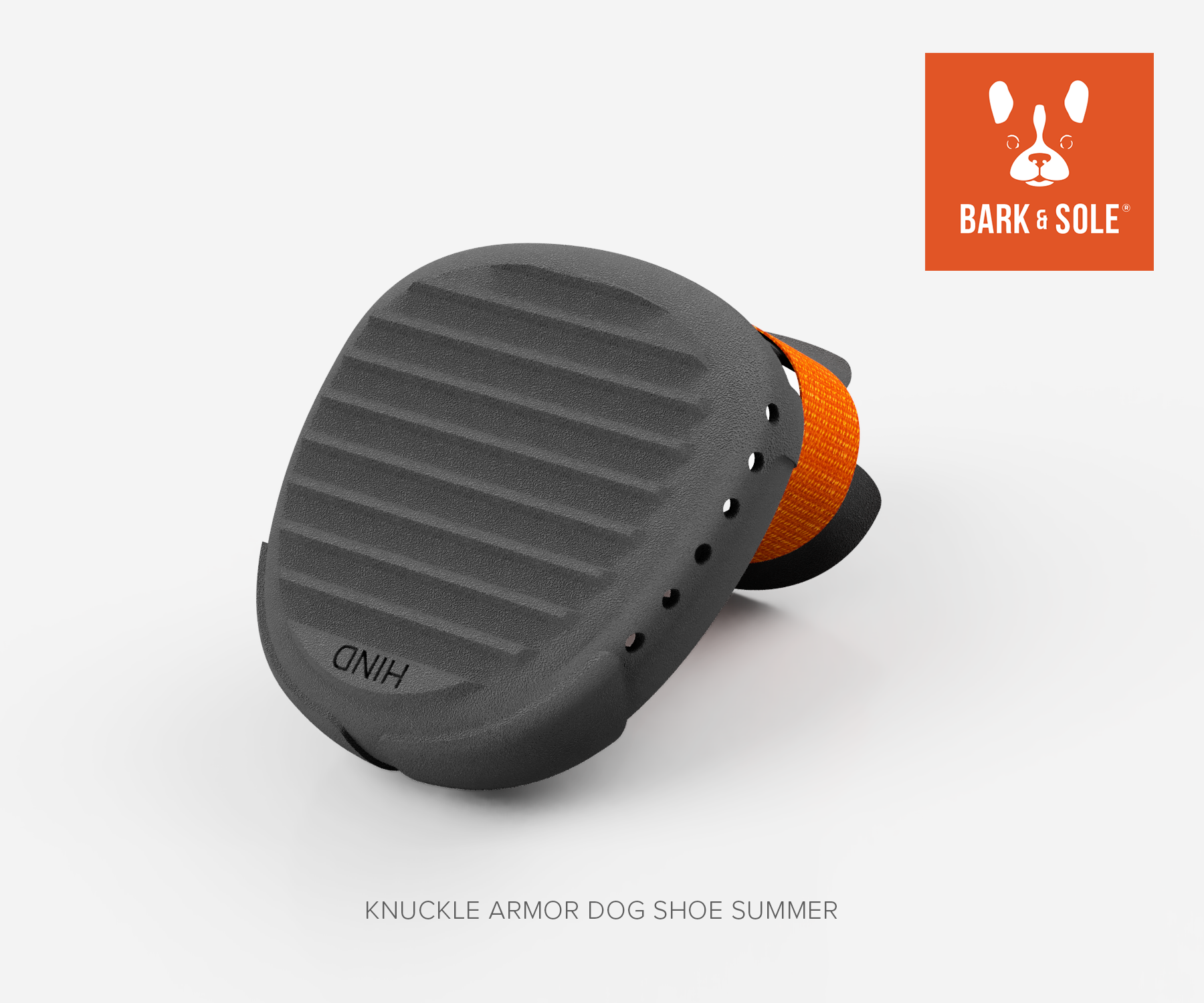 Knuckle Armor Summer dog shoe with orange accents on a white background, featuring the Bark & Sole logo.
