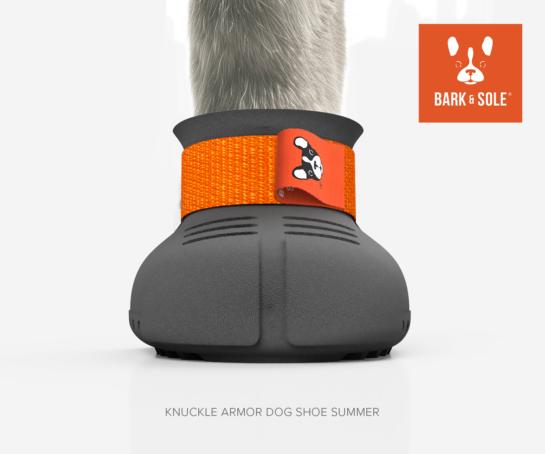 Knuckle Armor Summer dog shoes front view and BARK & SOLE logo