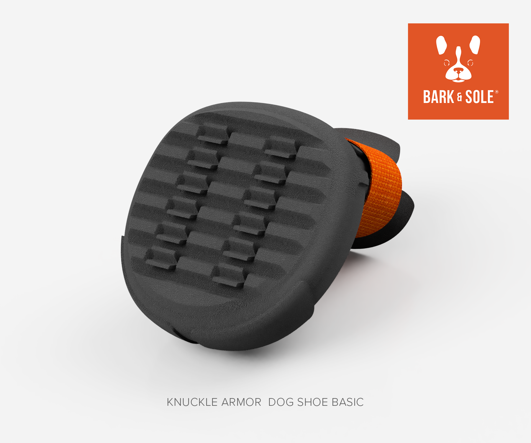 Knuckle armor dog shoe with orange accent on a white background, featuring the Bark & Sole logo.