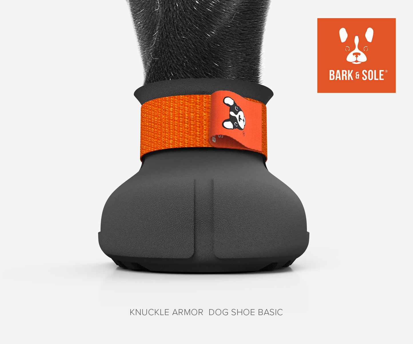 Knuckle armor dog shoe with Bark & Sole logo