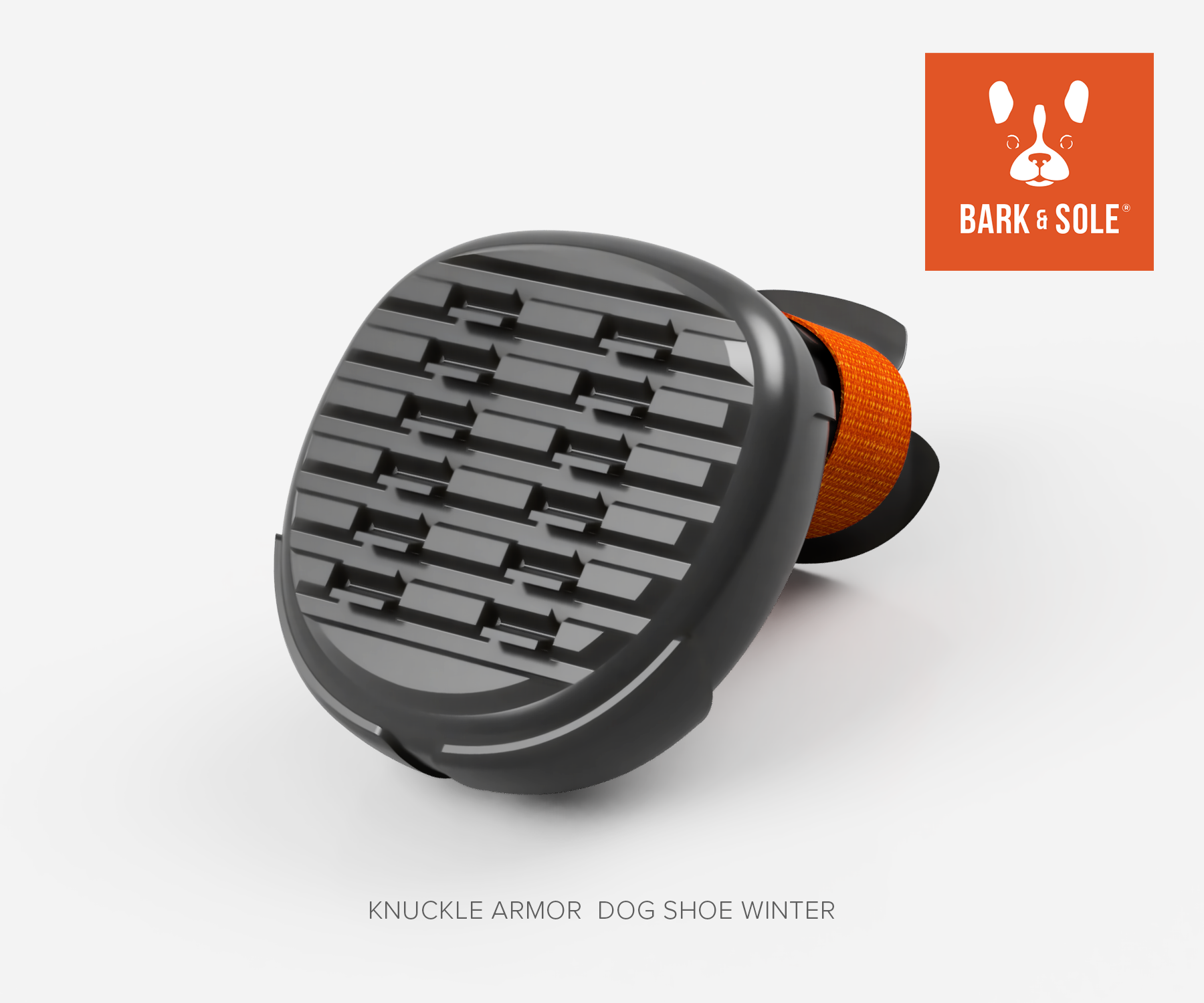 Knuckle armor winter dog shoe with 'Bark & Sole' logo on a white background