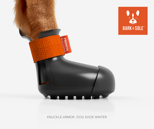 Knuckle armor winter dog shoe from the side with Bark and Sole logo