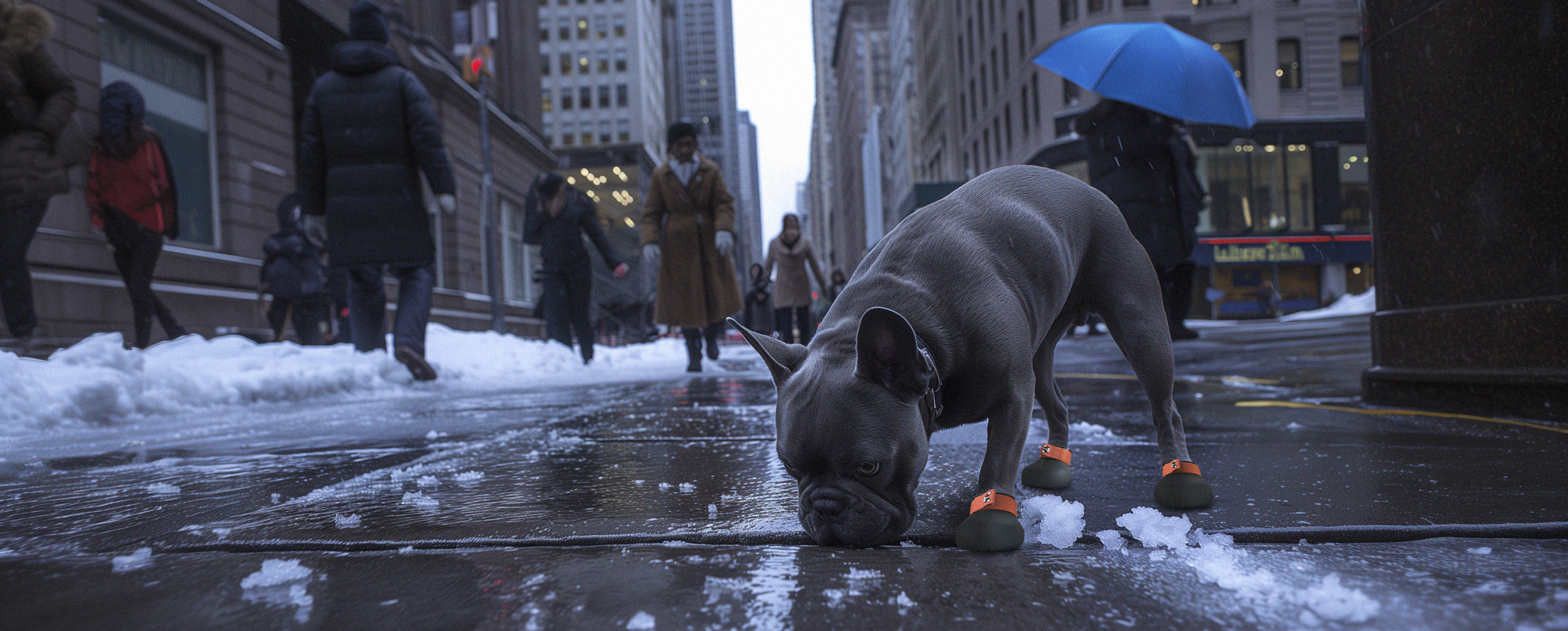 French bulldog wearing a custom made dog shoes in a New York street