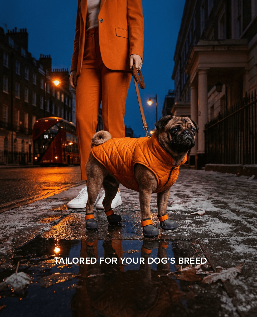 Pug wearing BARK & SOLE custom dog shoes