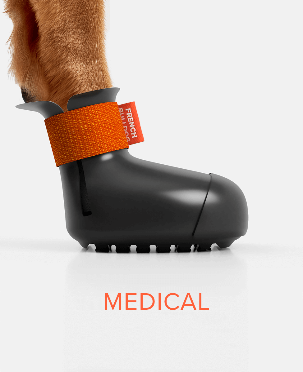Custom medical BARK and SOLE dog shoes from side