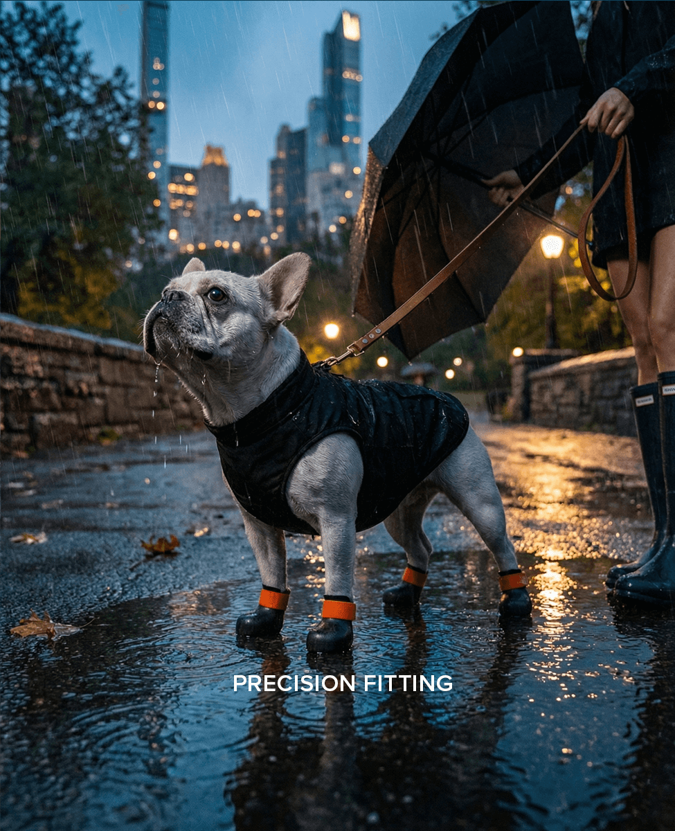 French bulldog wearing custom dog shoes in rain