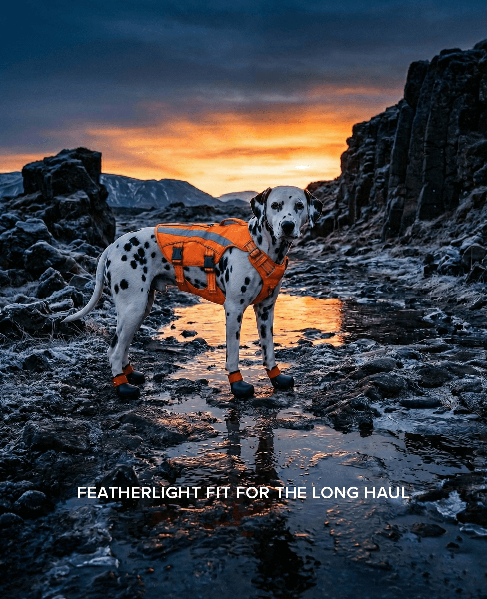 Dalmatian dog wearing BARK and SOLE custom dog shoes