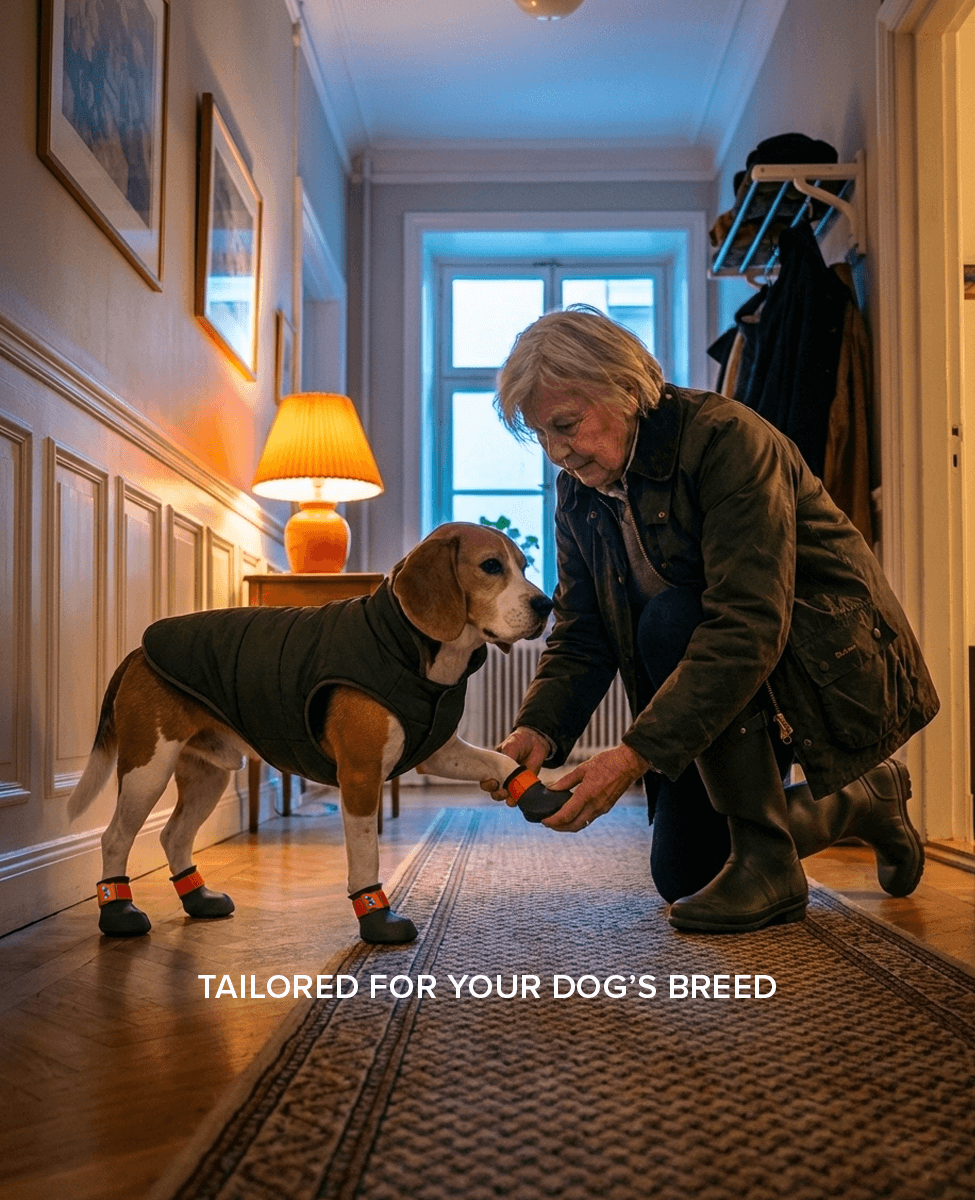 Woman taking of custom BARK and SOLE dog shoe from a beage