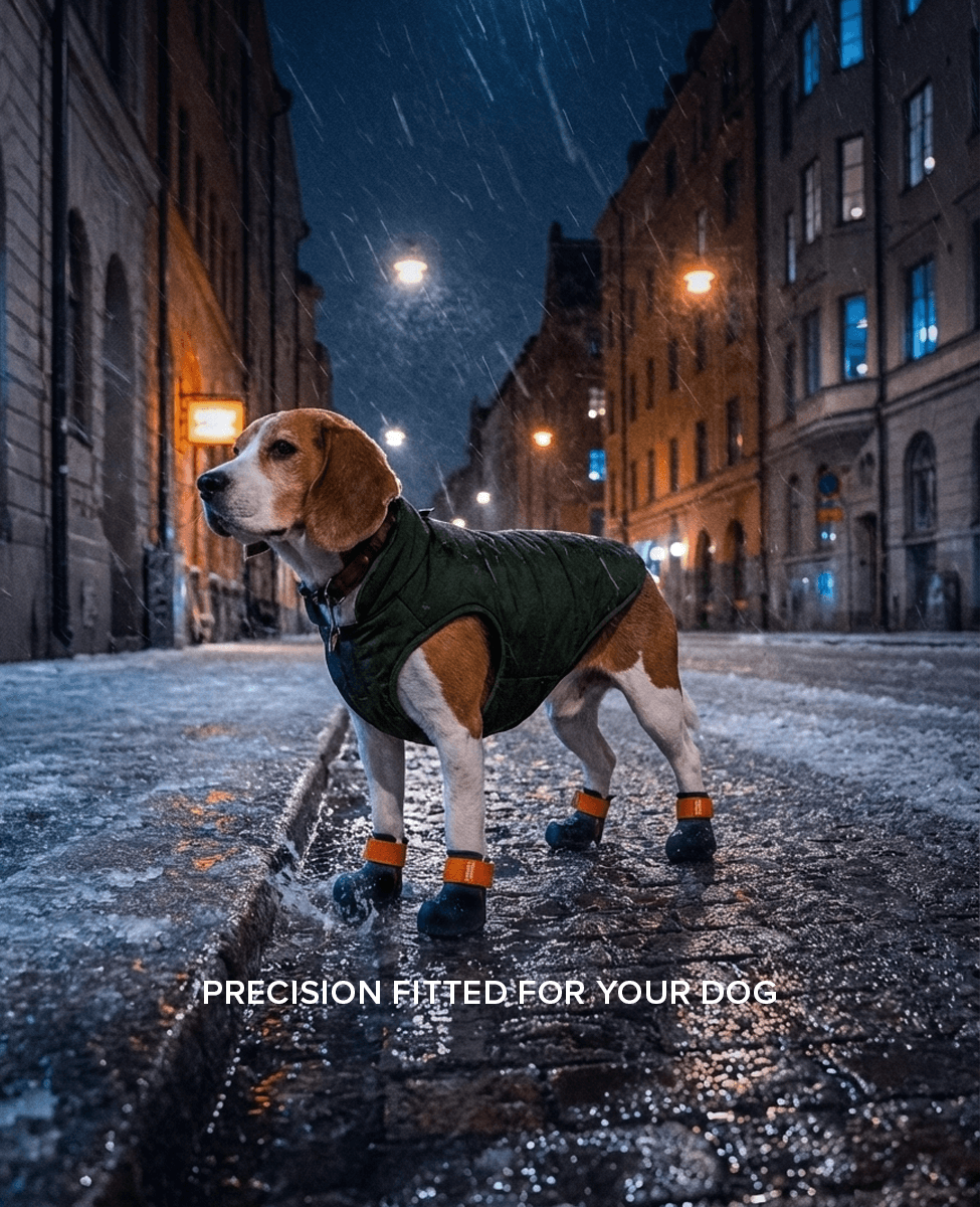 Beagle wearing custom BARK and SOLE dog shoes