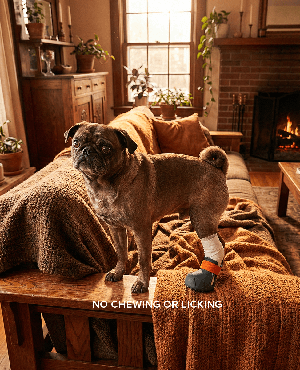 Pug wearing BARK and SOLE custom medical dog shoe