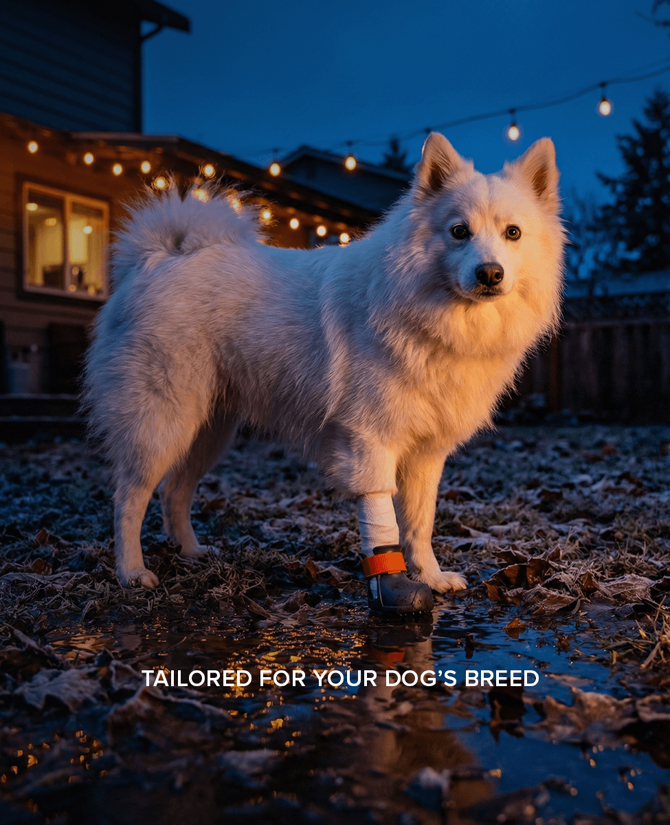 Eskimo dog wearing BARK and SOLE custom medical dog shoe