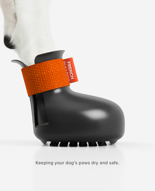 Custom made protective winter dog shoe. View from the side.