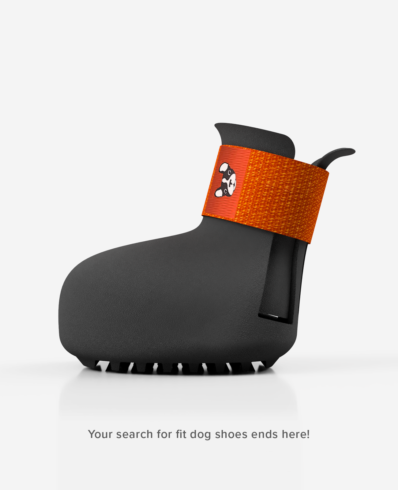 Protective custom dog boot with orange strap on a white background