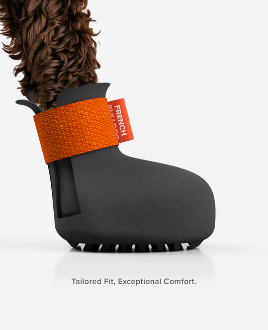 Custom made protective dog shoe. View from the side.