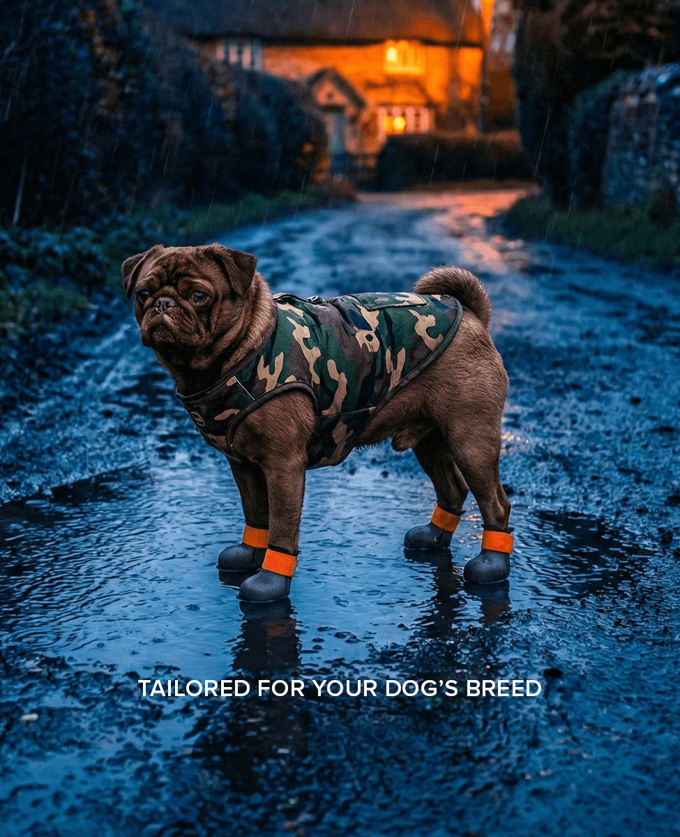 Pug wearing custom BARK and SOLE dog shoes