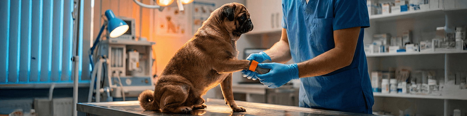 Pug putting on BARK and SOLE custom dog shoe in a vet