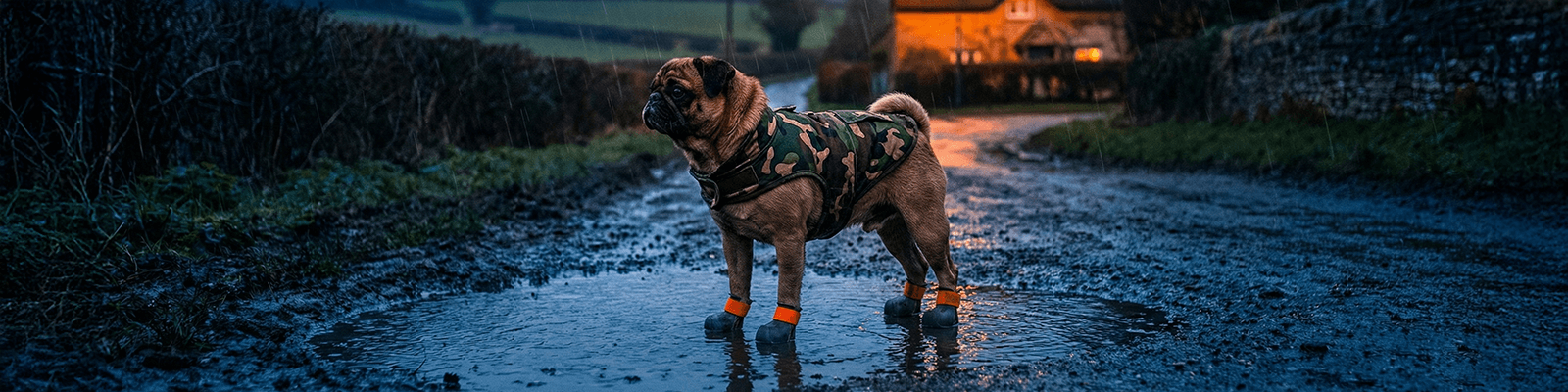 Pug wearing BARK and SOLE custom dog shoes
