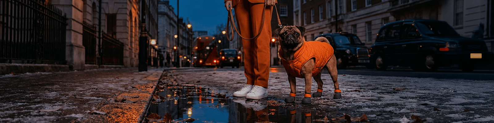 Pug wearing BARK and SOLE custom dog shoes in London