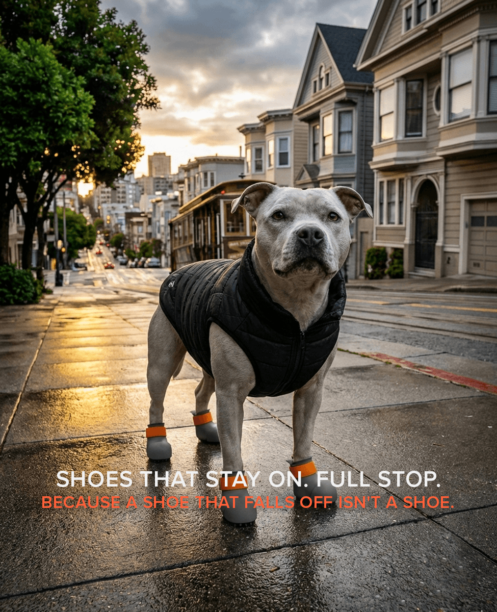 Staffy wearing custom BARK & SOLE dog shoes that stay on